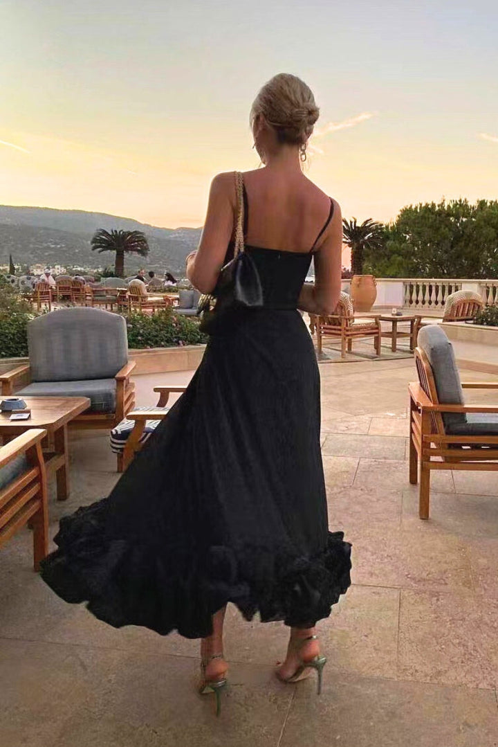 Women's formal evening gown: elegant ruffle hem, spaghetti strap maxi dress for parties.