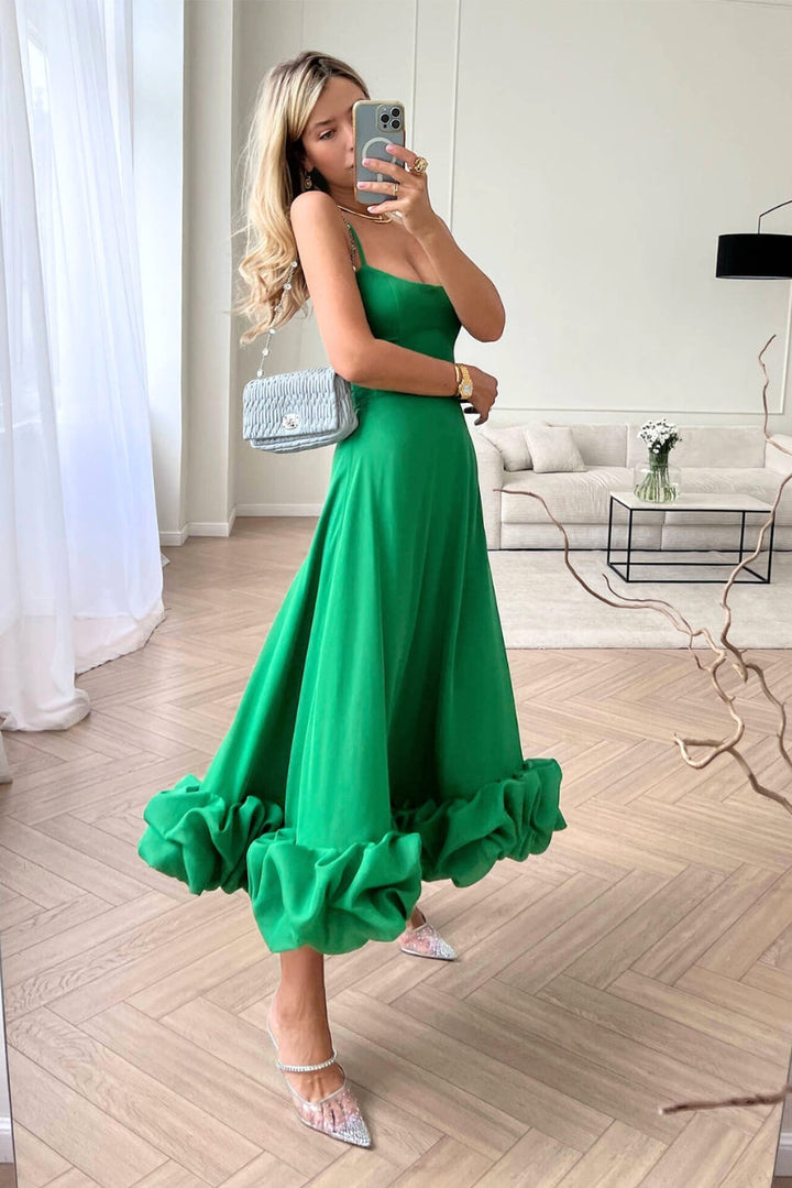 Sophisticated women's formal maxi dress, features ruffle hem, scoop neck, perfect for homecoming.