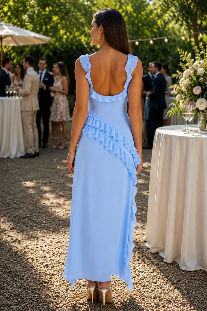 Beautiful women's elegant ruffle maxi dress, a long and sophisticated flowing gown for any occasion.