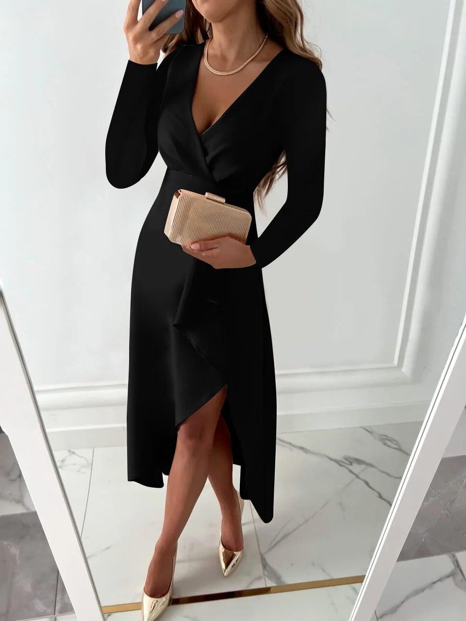 Stylish women's midi wrap dress with ruffles, great for a wedding guest, cocktail party, or formal event.