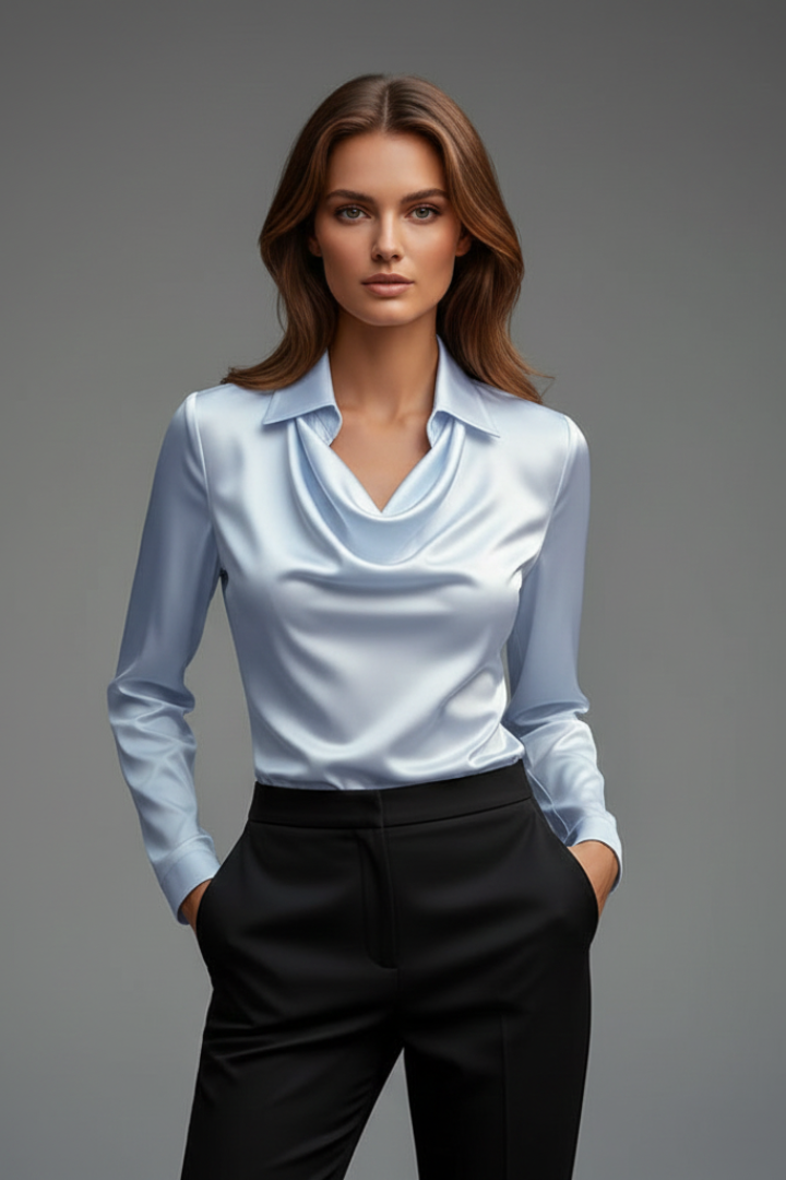 Sophisticated women's long-sleeve satin blouse with elegant draped collar. A timeless formal fashion top.