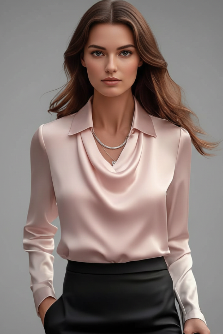 Luxurious women's satin blouse, long-sleeved with a flattering draped collar & straight hem.
