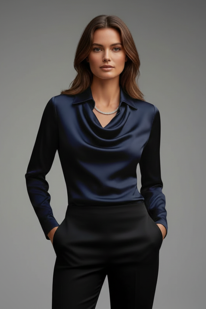 Women's elegant long-sleeve satin blouse with a draped collar & straight hem. A sophisticated fashion top.