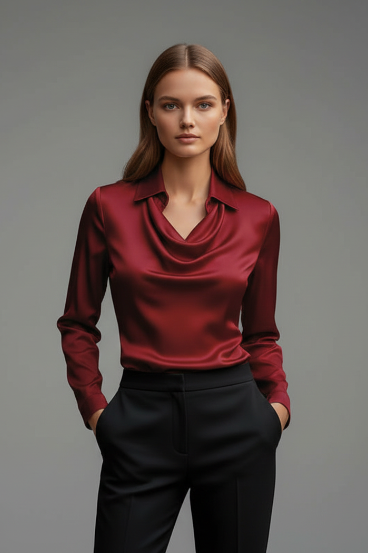 Fashion-forward women's draped collar long-sleeve satin blouse. Elegant & sophisticated women's apparel.