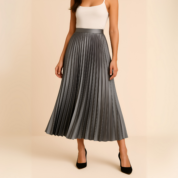Sophisticated high-waist pleated satin midi skirt, ideal for elegant formal wear.