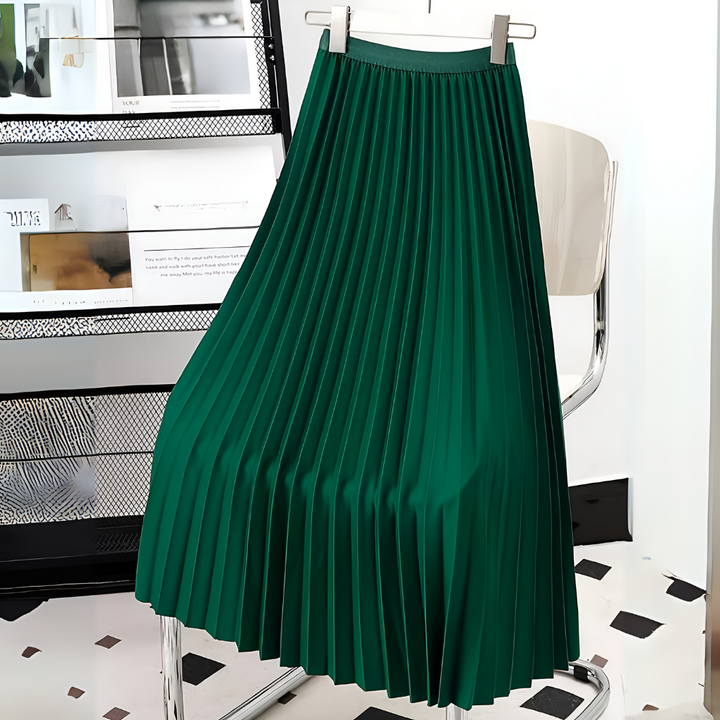 New women's elegant high-waist satin midi skirt with flowing pleats for modern, sophisticated fashion.