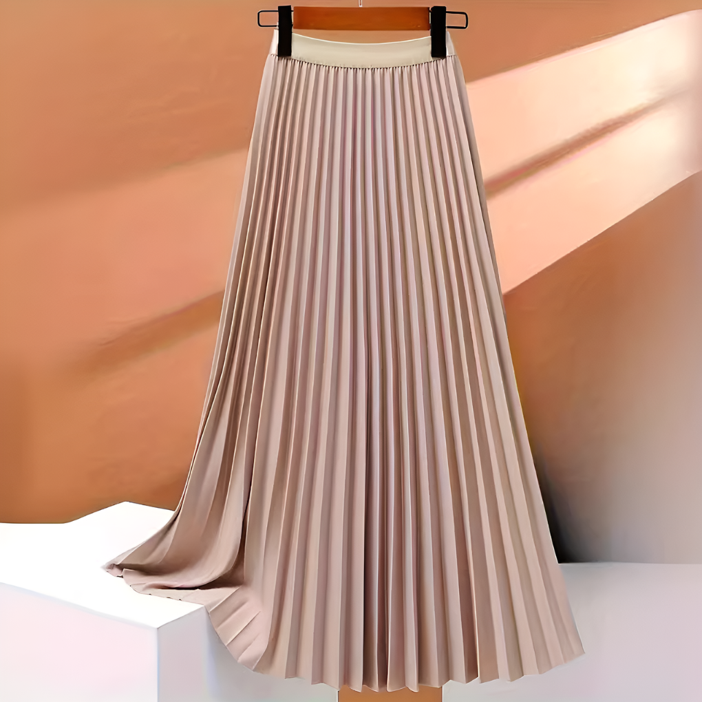 Comfortable women's pleated satin midi skirt with a high-waist, creating an elegant and flowy silhouette.
