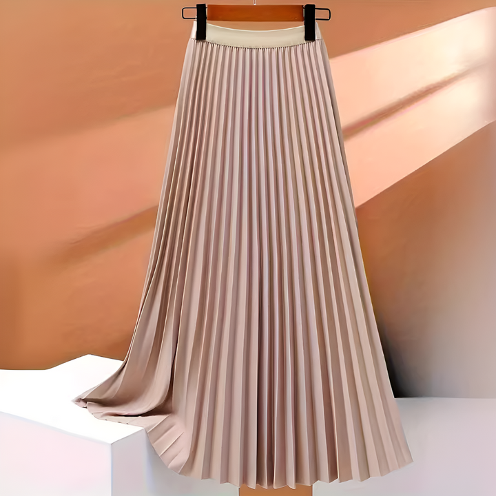Comfortable women's pleated satin midi skirt with a high-waist, creating an elegant and flowy silhouette.