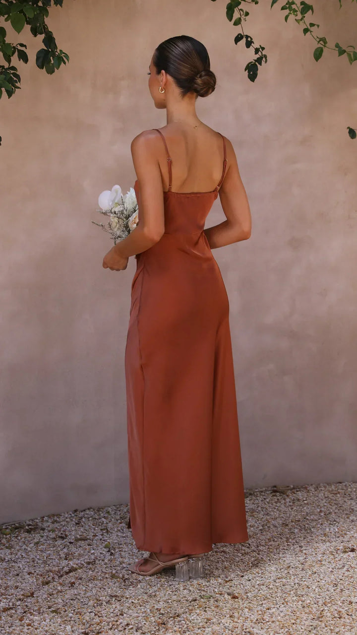 Flowy satin maxi dress for women, ideal for elegant spring occasions