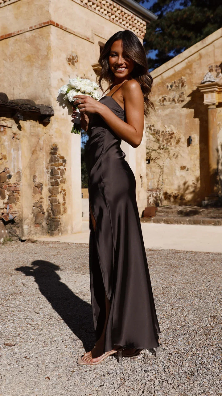 Sophisticated women's satin maxi slip dress, a beautiful choice for spring evenings