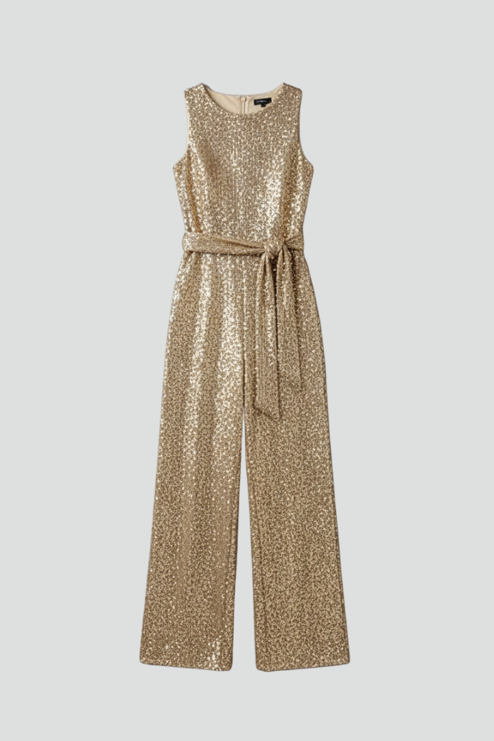 Elegant women's sequin jumpsuit with straight leg for evening wear and special occasions.