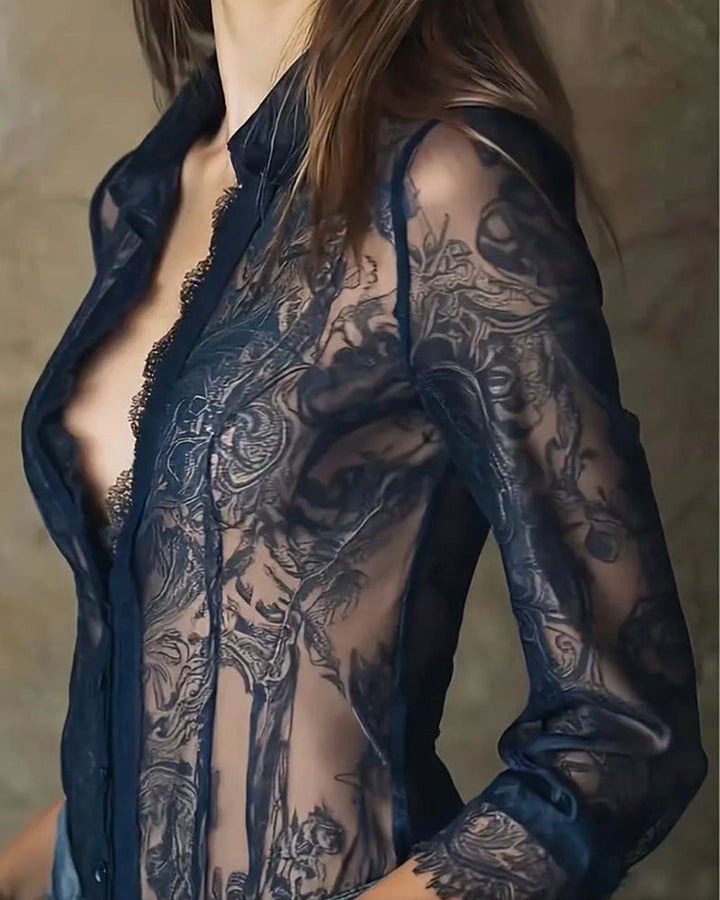 Versatile women's elegant sheer long-sleeve blouse in blue, featuring a relaxed fit and button-down design for fashion.