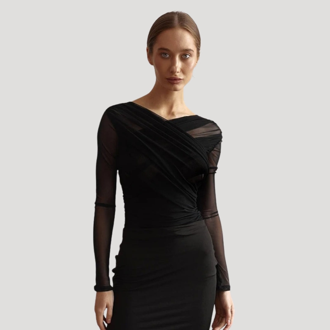 Elegant women's sheer wrap long-sleeve top in black, perfect for spring fashion and versatile wear.