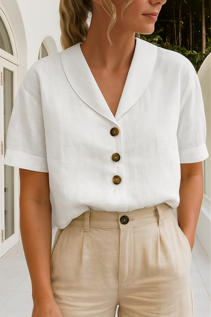 Elegant women's short sleeve button-up V-neck blouse, perfect for office wear or a classic casual summer look.