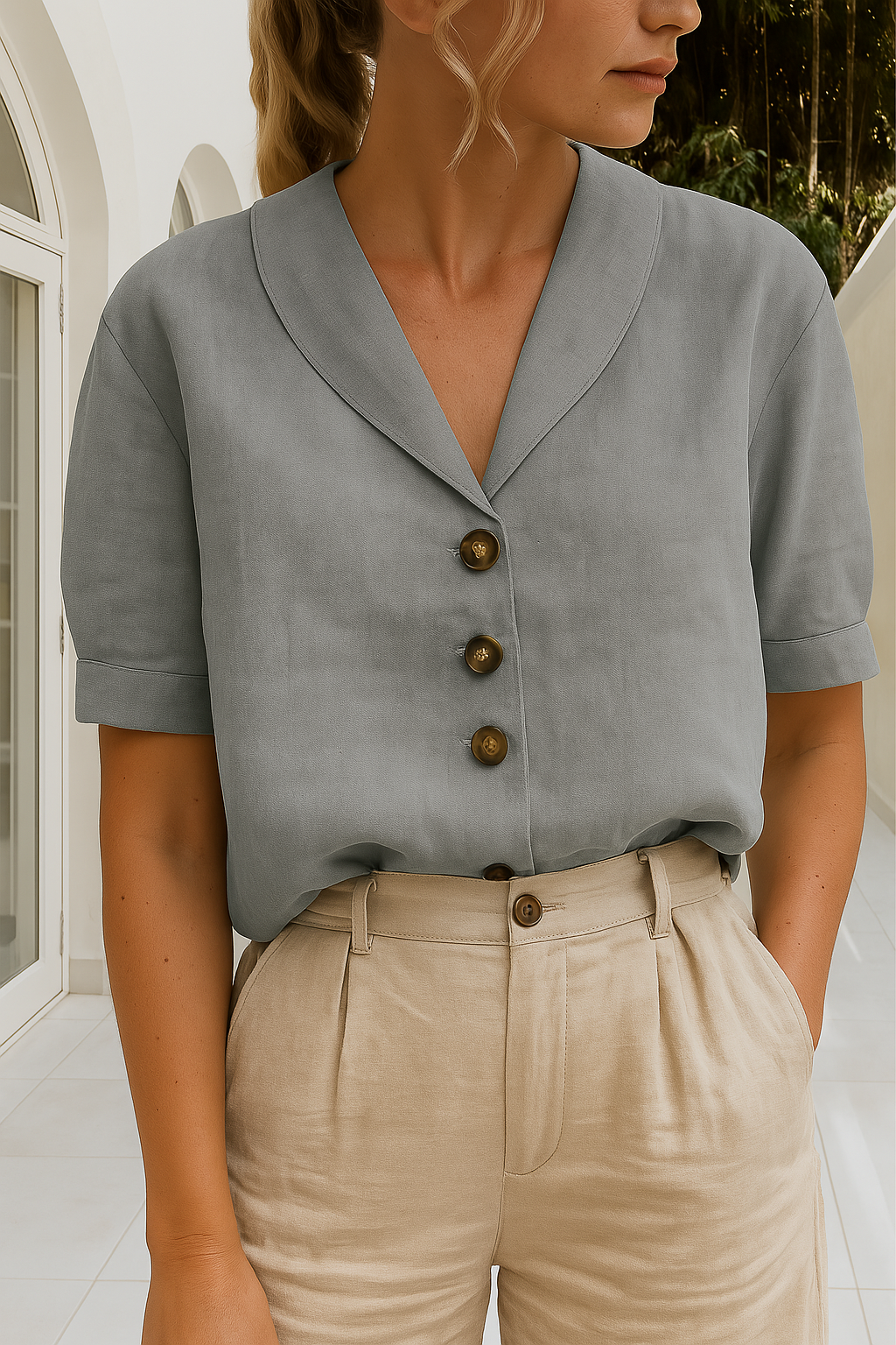 Chic women's short sleeve V-neck button-up top, an elegant and versatile summer blouse for modern women's fashion.