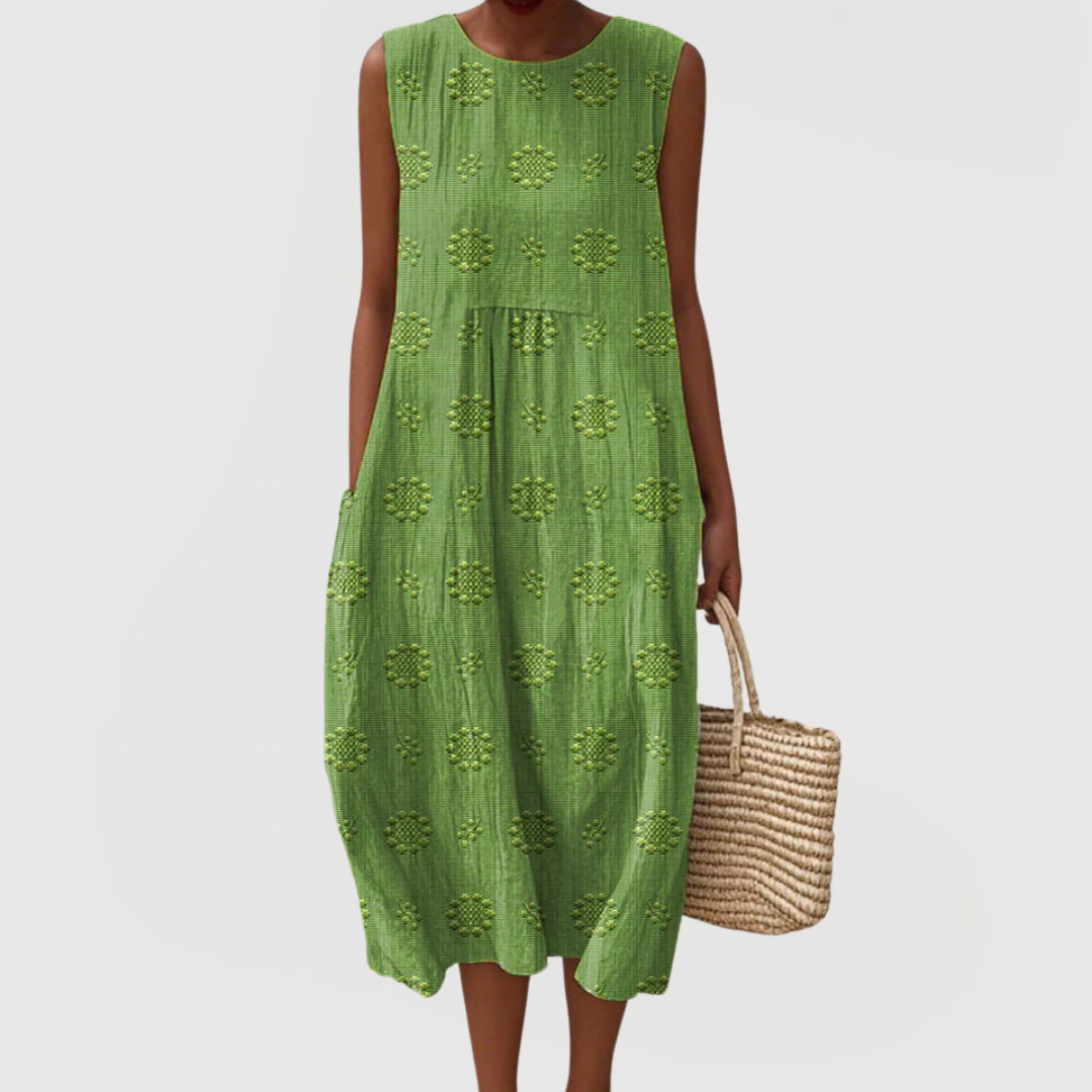 Elegant women's sleeveless A-line dress with pockets, designed for tummy control & summer vacation wear.