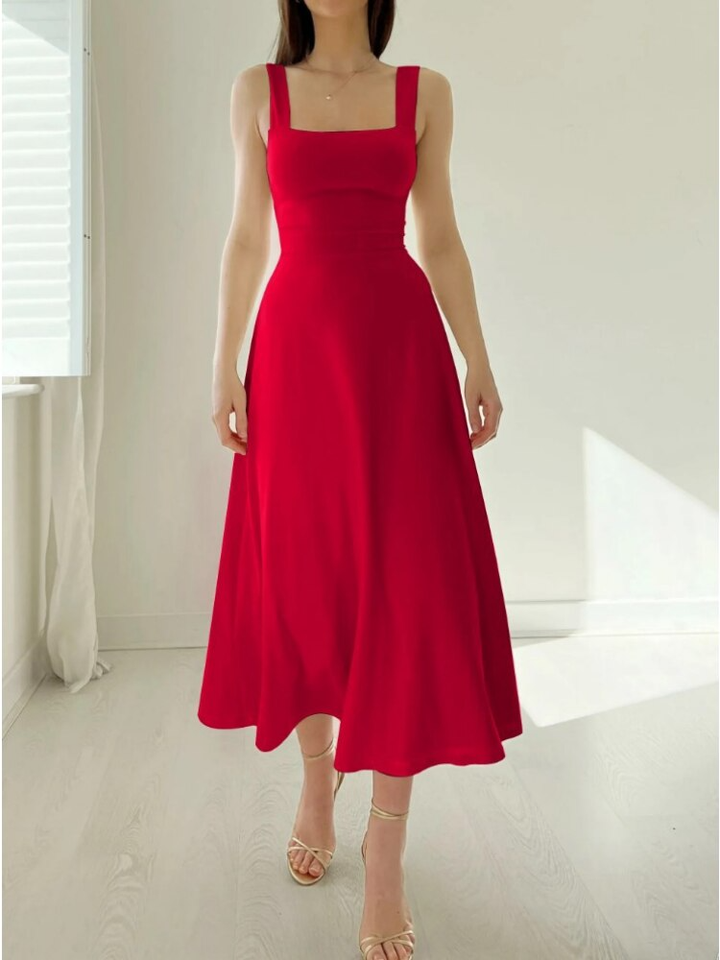Stylish women's sleeveless A-line midi dress with a square neck. Elegant and versatile for summer fashion.