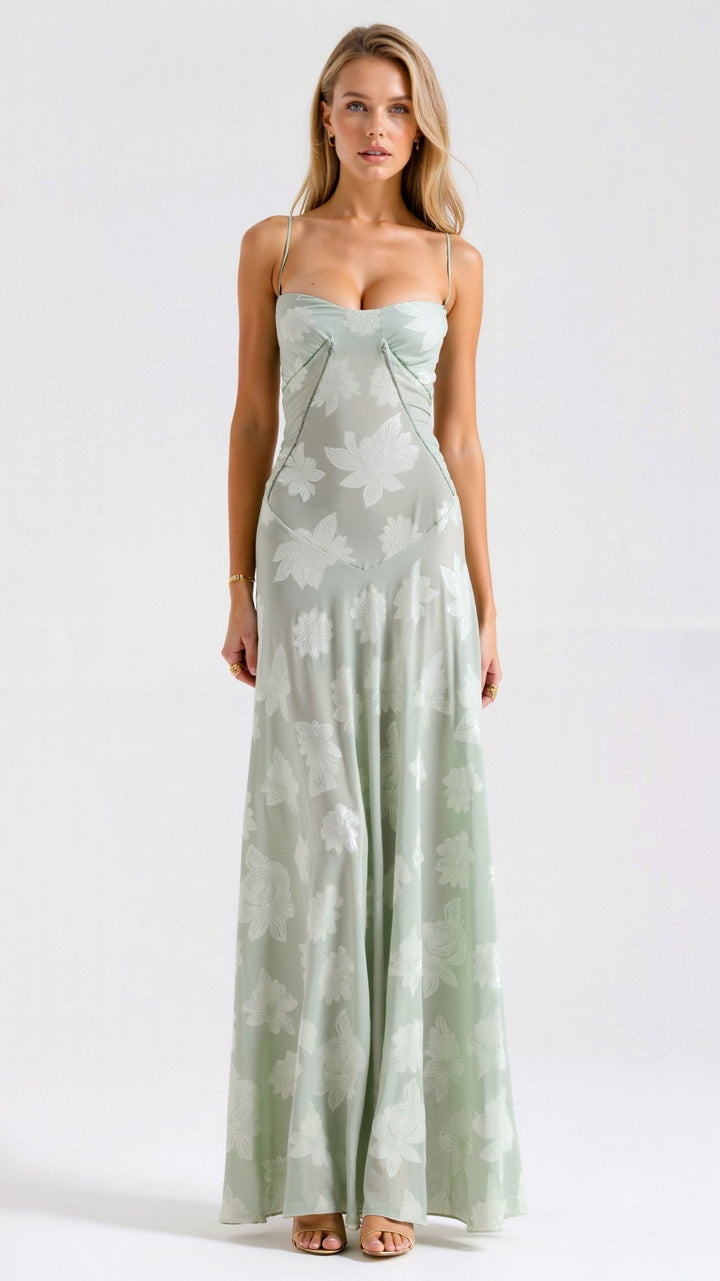 Women's evening bustier maxi dress, a sophisticated and elegant formal outfit for weddings