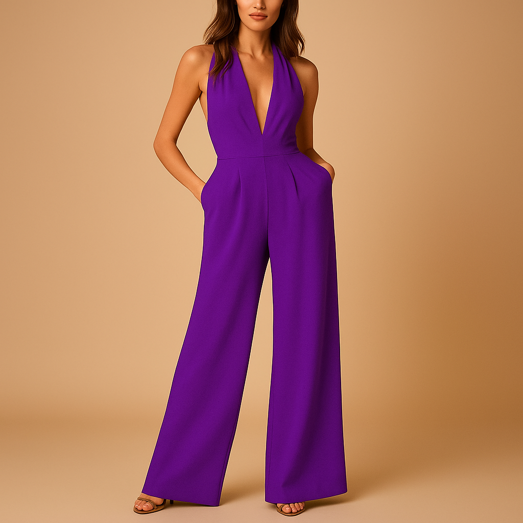 Fashionable women's elegant deep V-neck sleeveless jumpsuit, wide-leg design for a chic party outfit.