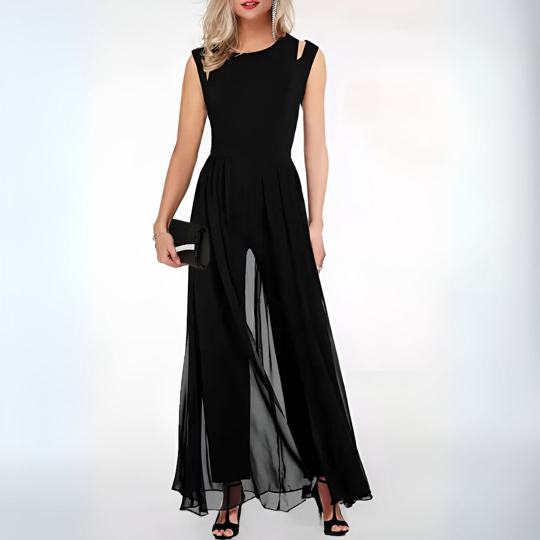 Elegant women's sleeveless jumpsuit with sheer overlay, wide leg, perfect for formal evening events or parties.