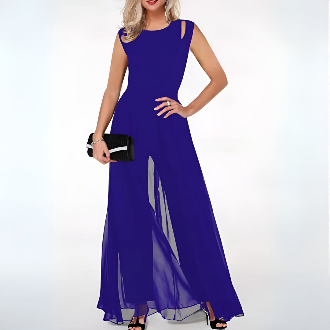 Elegant women's sleeveless jumpsuit with delicate sheer overlay and flattering wide-leg cut for evening wear.