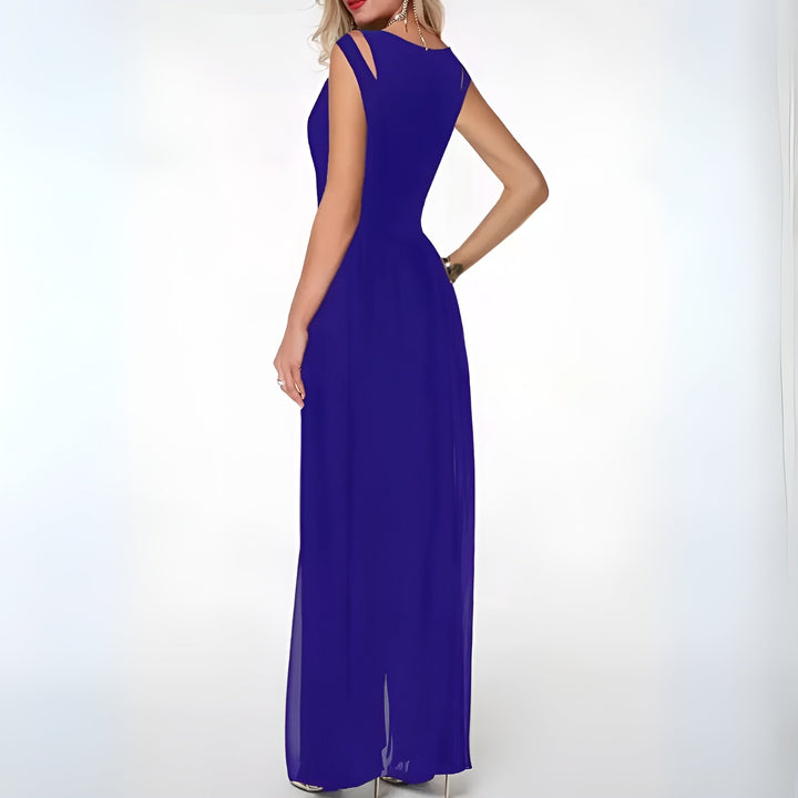 Women's elegant party wear jumpsuit with sheer overlay, wide-leg style, a sophisticated choice for formal events.