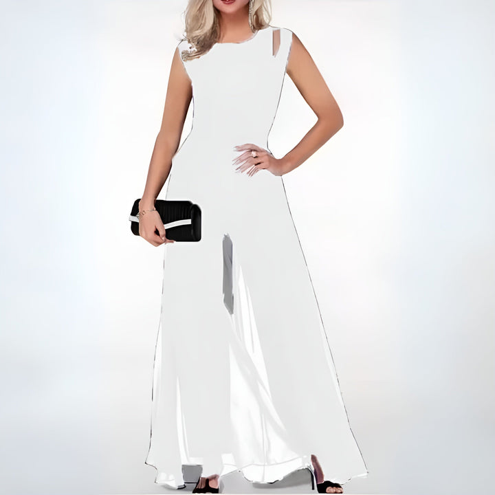 Luxurious women's sheer overlay jumpsuit, a sophisticated wide-leg, sleeveless design perfect for special occasions.