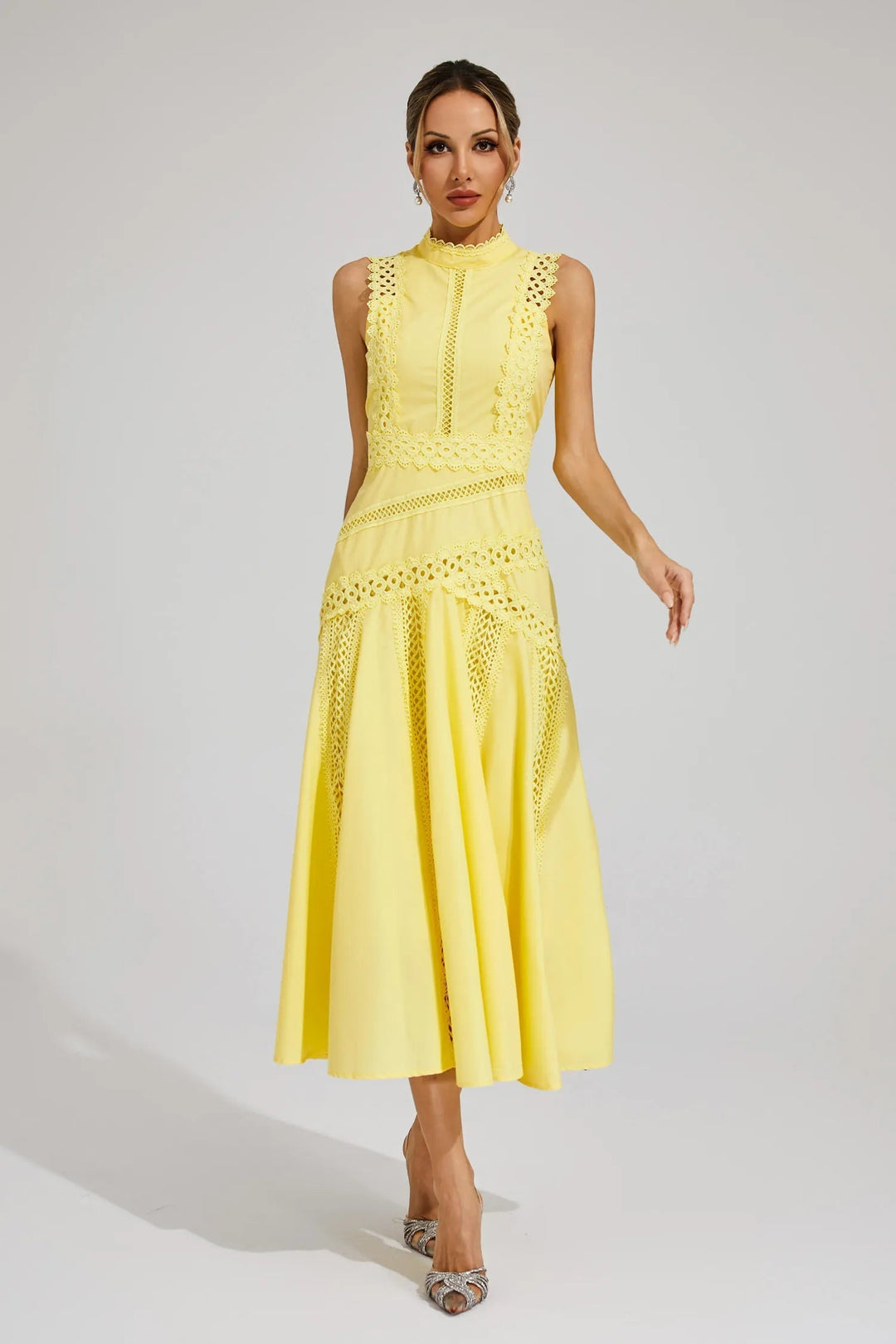 Elegant women's sleeveless lace panel midi dress with high neck & flared skirt. Perfect chic summer party fashion.