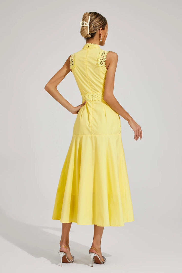 Back view: Women's sleeveless midi dress with elegant lace panels, high neck & flared skirt. Chic summer party wear.