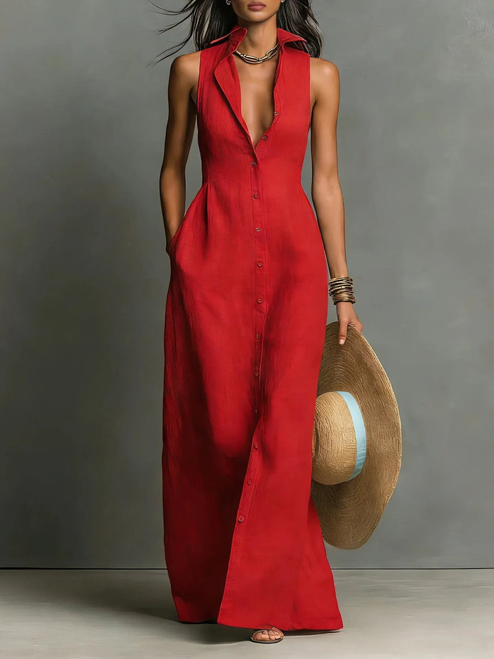 Elegant women's sleeveless maxi shirt dress with lapel collar & button-front. Perfect for summer casual chic.