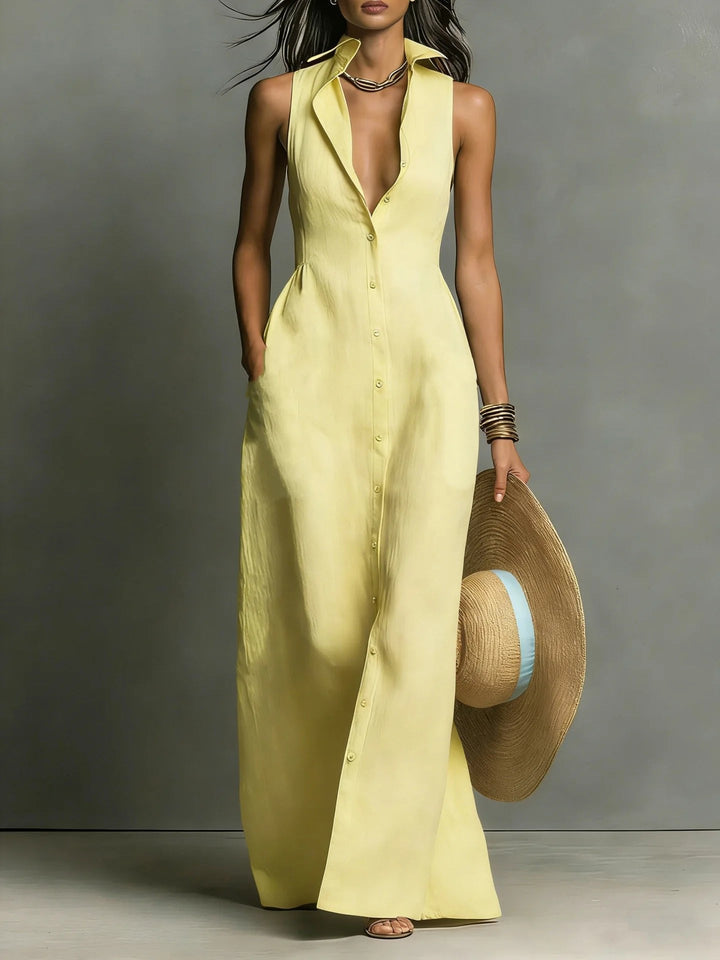 Women's elegant button-front maxi dress featuring a stylish lapel collar. A must-have long shirt dress.