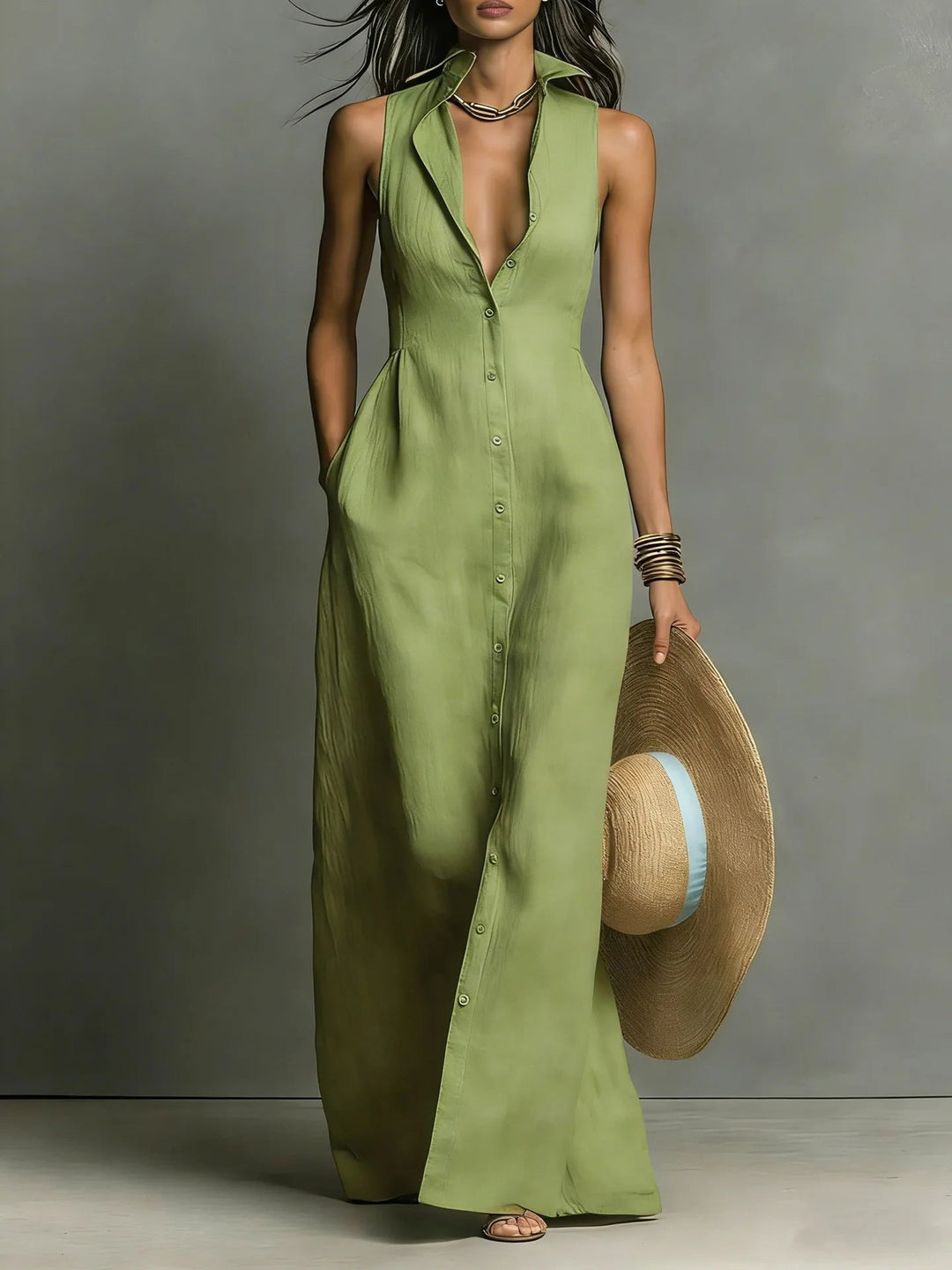 Women's long maxi dress with elegant button-front & lapel collar. Versatile sleeveless shirt dress for summer.