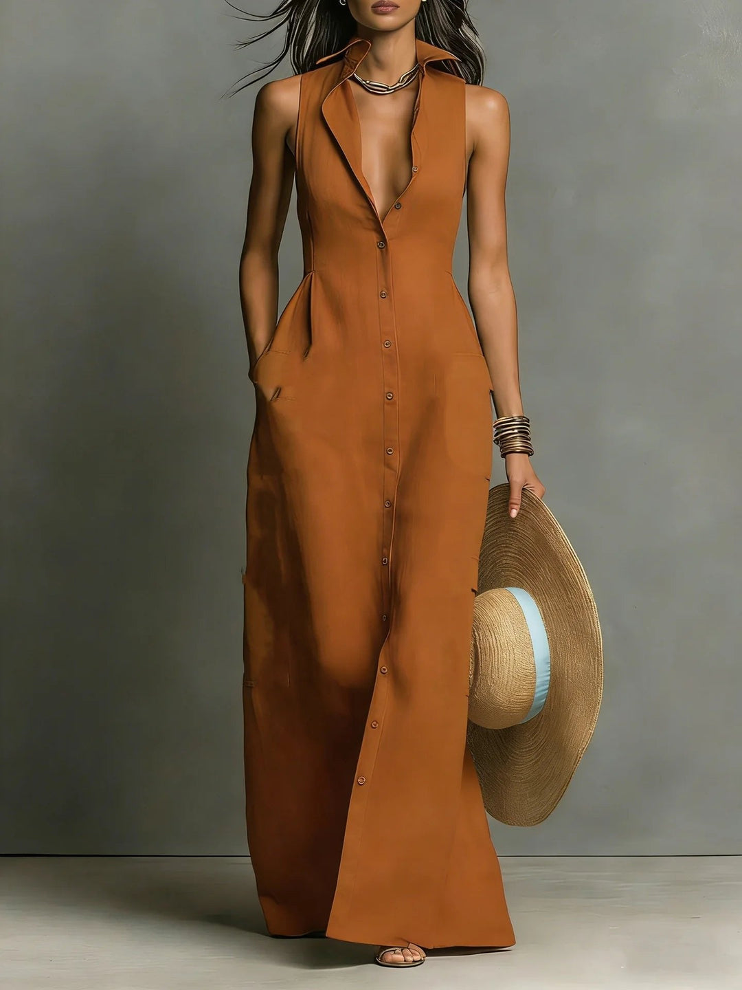 Elevate your style with this elegant women's lapel maxi shirt dress. Features a chic button-front & long design.