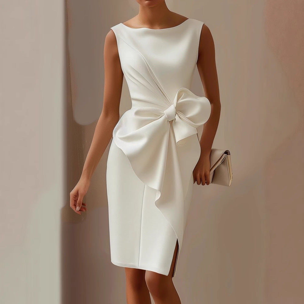 Elegant women's sleeveless midi bow dress, perfect for cocktails and special occasions.