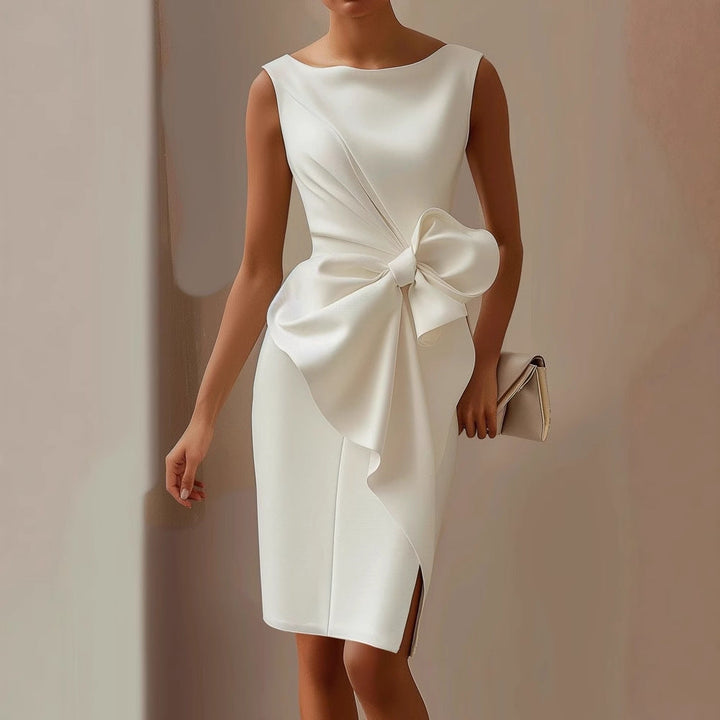 Elegant women's sleeveless midi bow dress, perfect for cocktails and special occasions.
