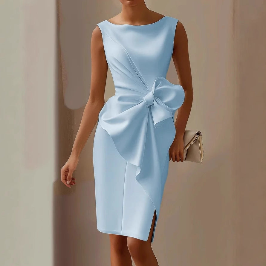 Sophisticated women's formal sleeveless midi dress with bow detail for elegant events.