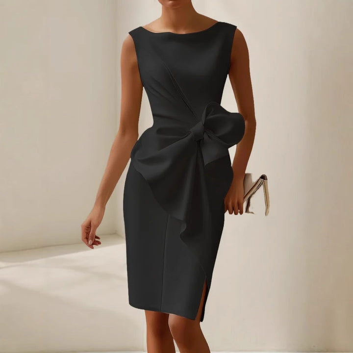 Stylish women's elegant sleeveless bow midi dress, perfect for formal wear or a chic party look.