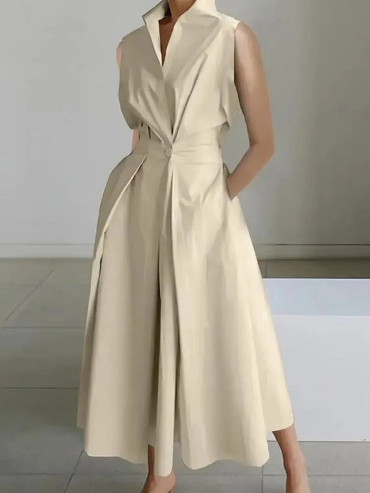 Elegant women's sleeveless midi dress with stylish lapel collar, perfect for work or summer events.
