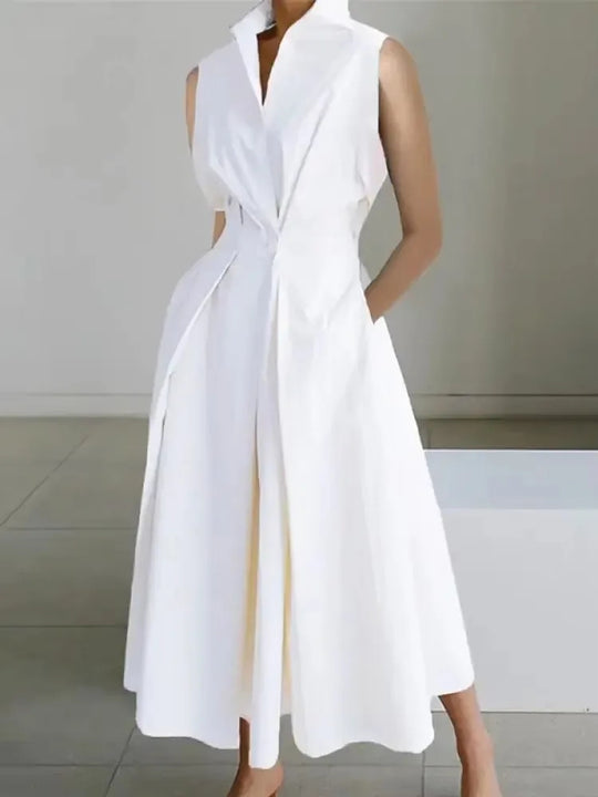 Stylish women's sleeveless lapel midi dress, a chic and comfortable choice for work, summer, or daily fashion.