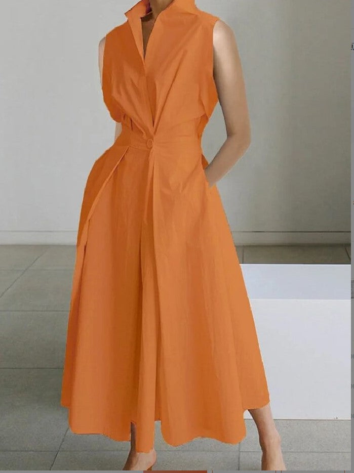 New elegant women's midi dress, stylish lapel and sleeveless design for comfortable daily wear & professional looks.