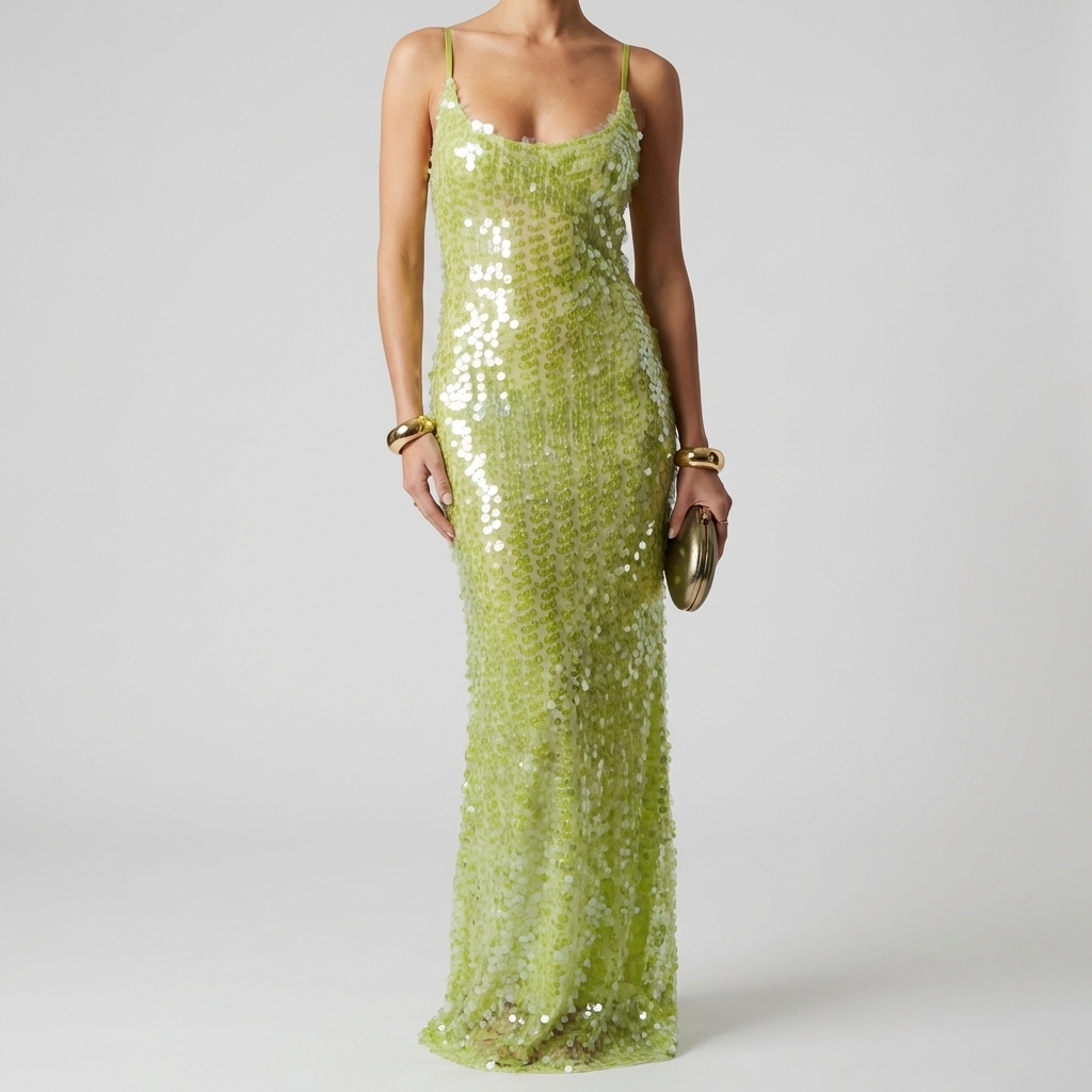 Elegant women's sleeveless sequin maxi dress. Eye-catching formal evening gown for glamorous special occasions.