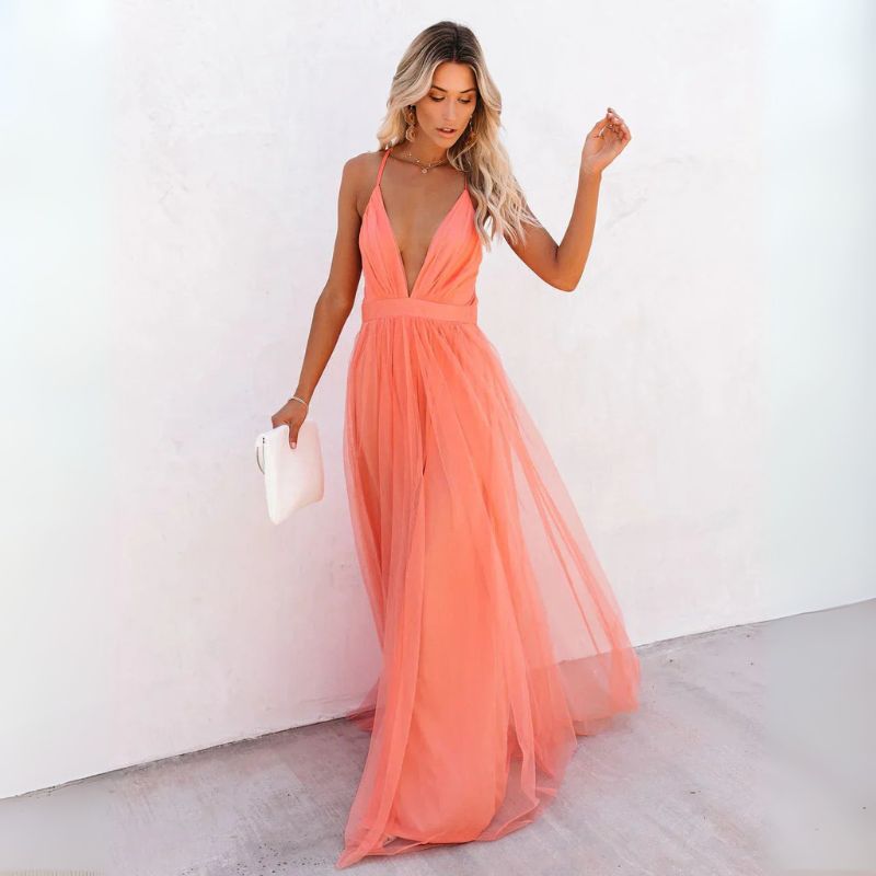 Stunning women's sleeveless V-neck maxi dress with open back, ideal for wedding guests or evening parties.