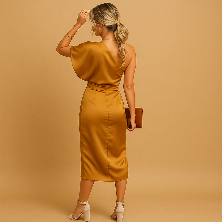 Sophisticated women's slim fit dress, elegant formal wear for evening events, parties, & work.