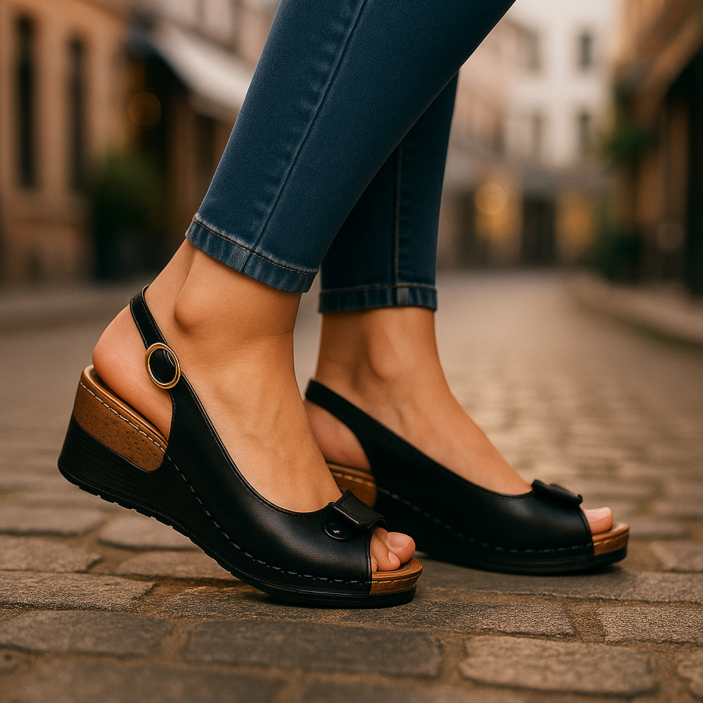 Close-up of cushioned footbed on women's comfortable slingback wedge sandals
