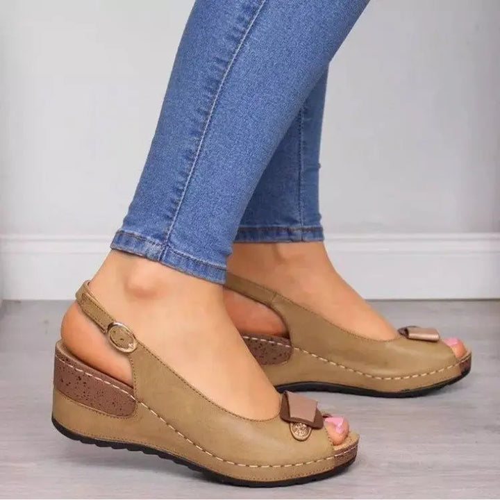 Women's comfortable slingback wedge sandals from an elevated view, highlighting details