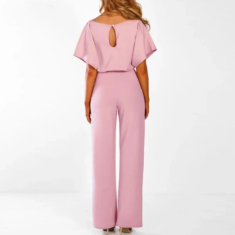 Stylish women's elegant solid color jumpsuit, a perfect versatile outfit for date night or dinner.