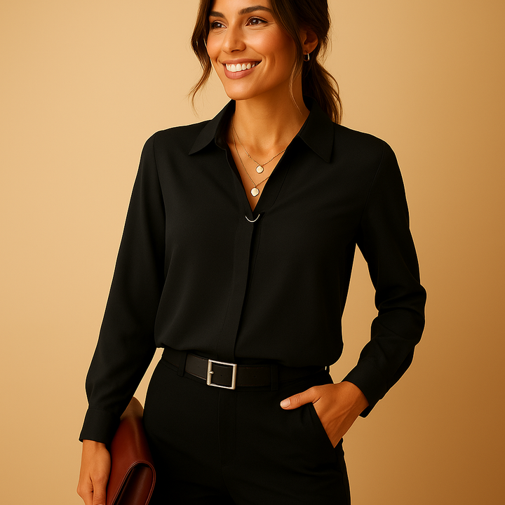 Elegant women's solid long-sleeve blouse for workwear. Tailored fit office top, versatile for professional outfits.