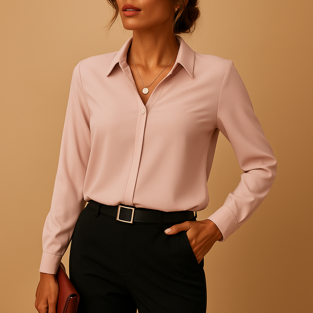 Versatile women's tailored fit solid blouse, perfect for work or casual chic styling. Long sleeve elegant top.