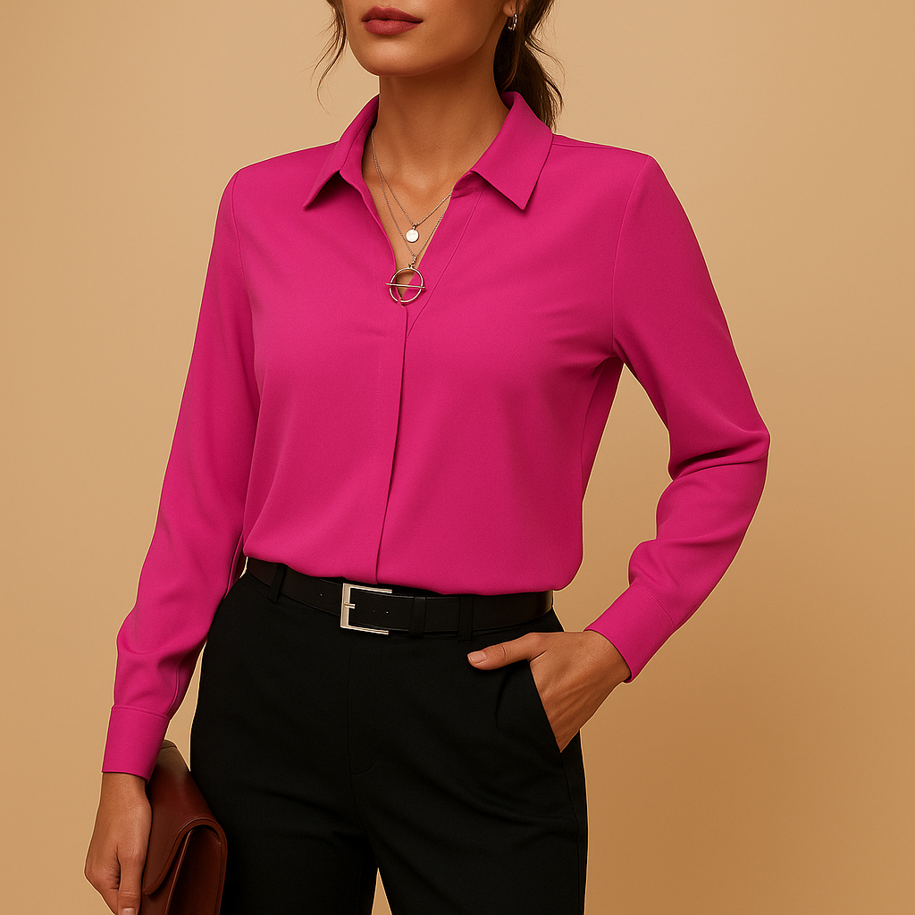Classic women's solid long-sleeve blouse. Elegant tailored top for office fashion & professional workwear looks.