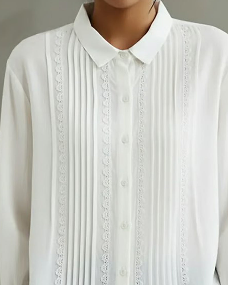 Casual women's button-up long sleeve shirt featuring a stylish Peter Pan collar, ideal for spring attire.